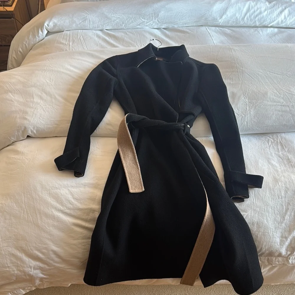 Theory Elegant Black Trench Coat with Tan Accents - Picture 1 of 4